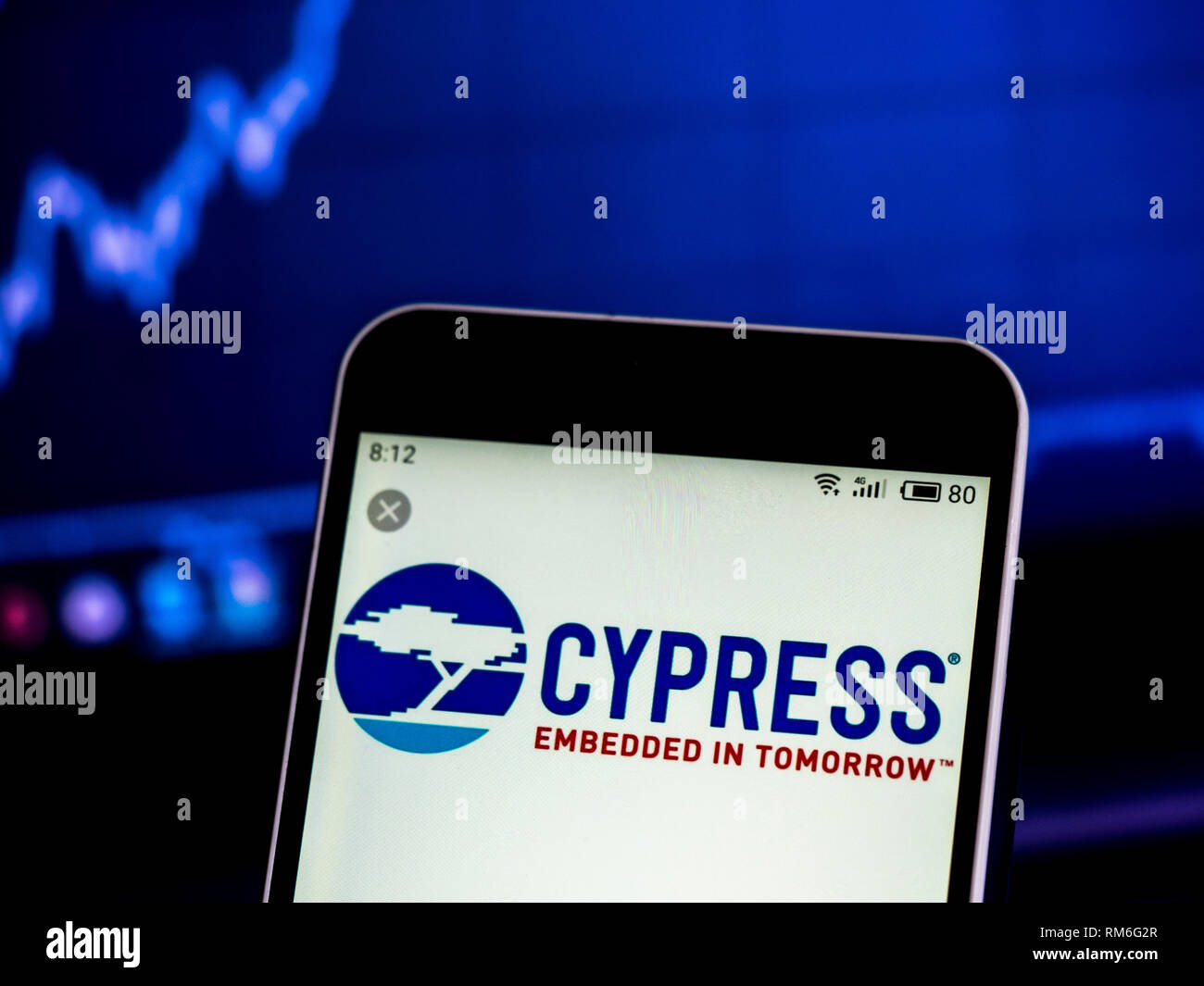 Cypress Semiconductor company logo seen displayed on smart phone Stock