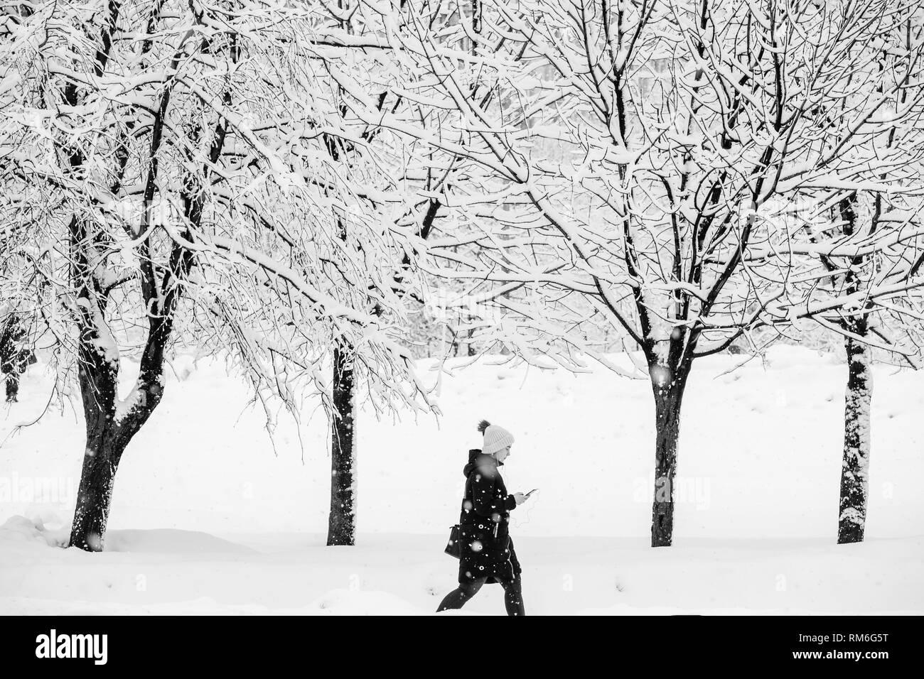 MOSCOW, RUSSIA - FEBRUARY 13, 2019: Girl walk in the park during a snowfall. Stock Photo