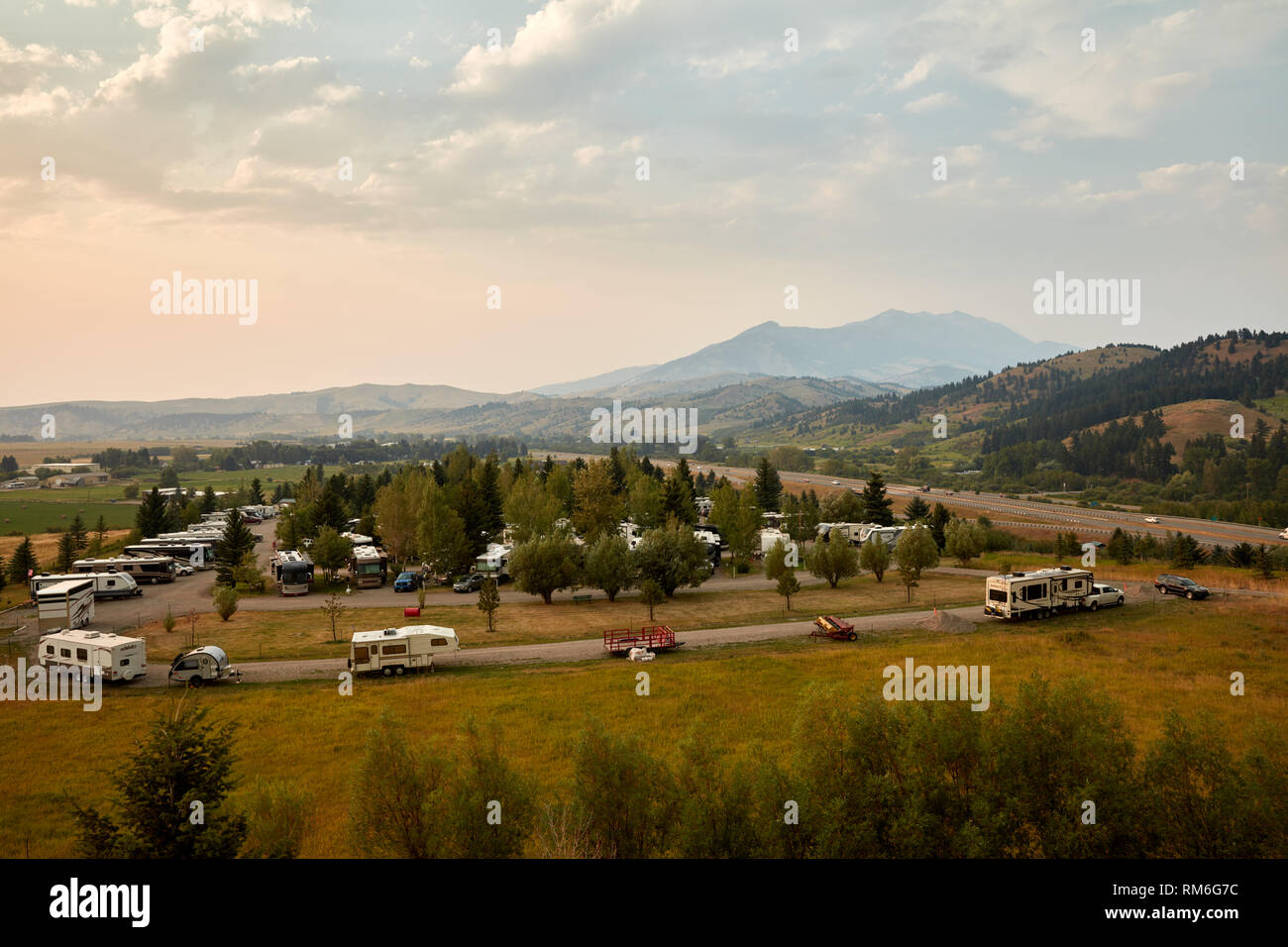 Bear Canyon Campground near Bozeman, Montana with mountains in the background Stock Photo
