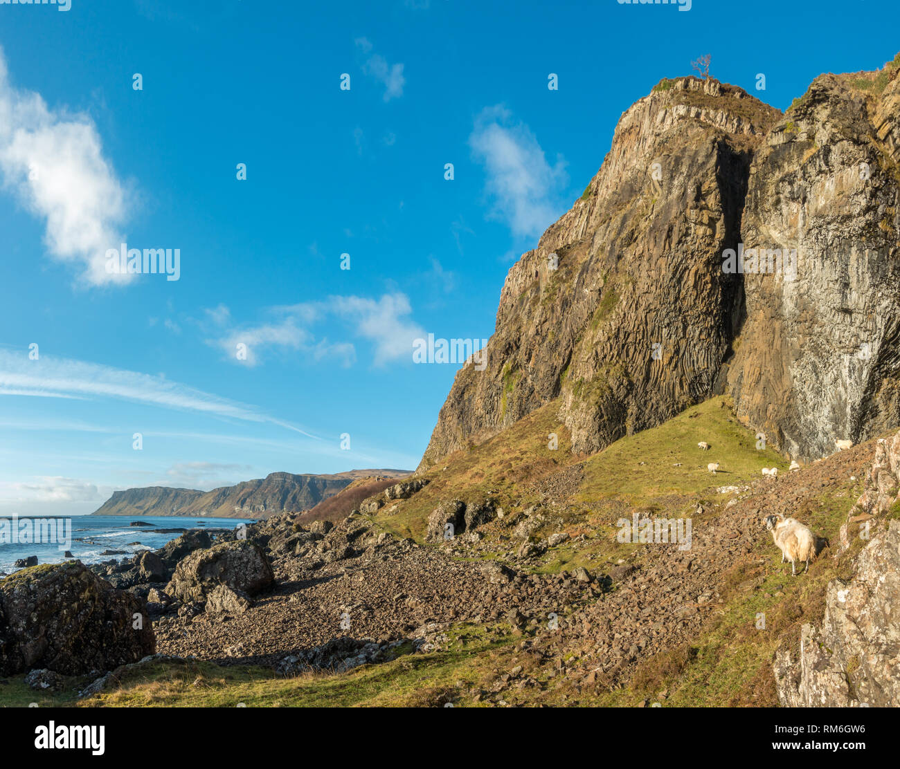 Stunning landscape view of the Carsaig cliffs and basalt columns on the Isle of Mull on a beautiful winter's day, Scotland Stock Photo
