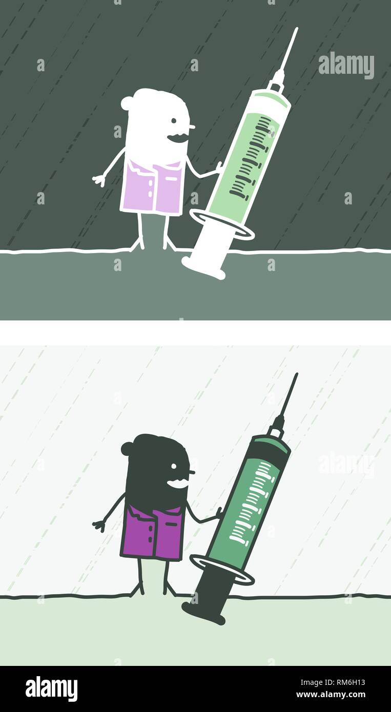 colored cartoon - vector hand drawn characters - nurse with syringe Stock Vector