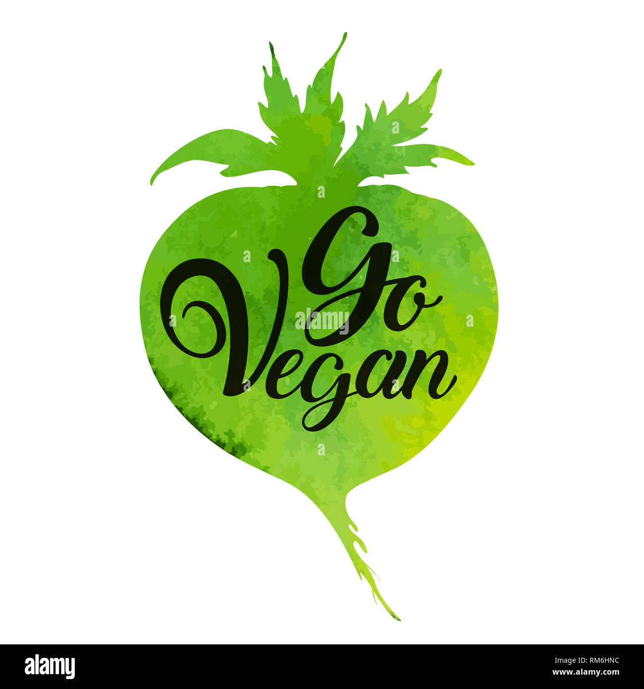 Green watercolor root vegetable and lettering Go vegan. Vegetarian lifestyle concept. Stock Photo