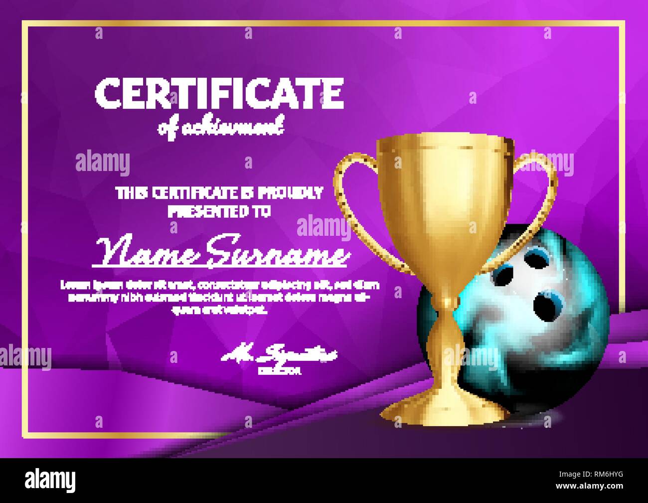 Bowling Certificate Diploma With Golden Cup Vector. Sport Award Template. Achievement Design. Honor Background. A4 Horizontal. Illustration Stock Vector Image & Art - Alamy for Free Printable Bowling Awards Certificates