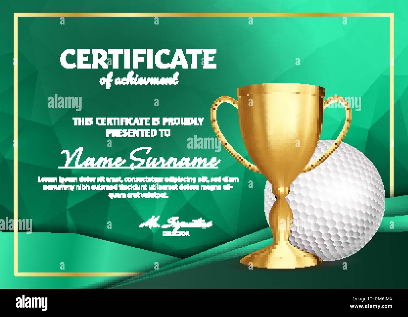 Golf Certificate Diploma With Golden Cup Vector. Sport Award With Golf Gift Certificate Template
