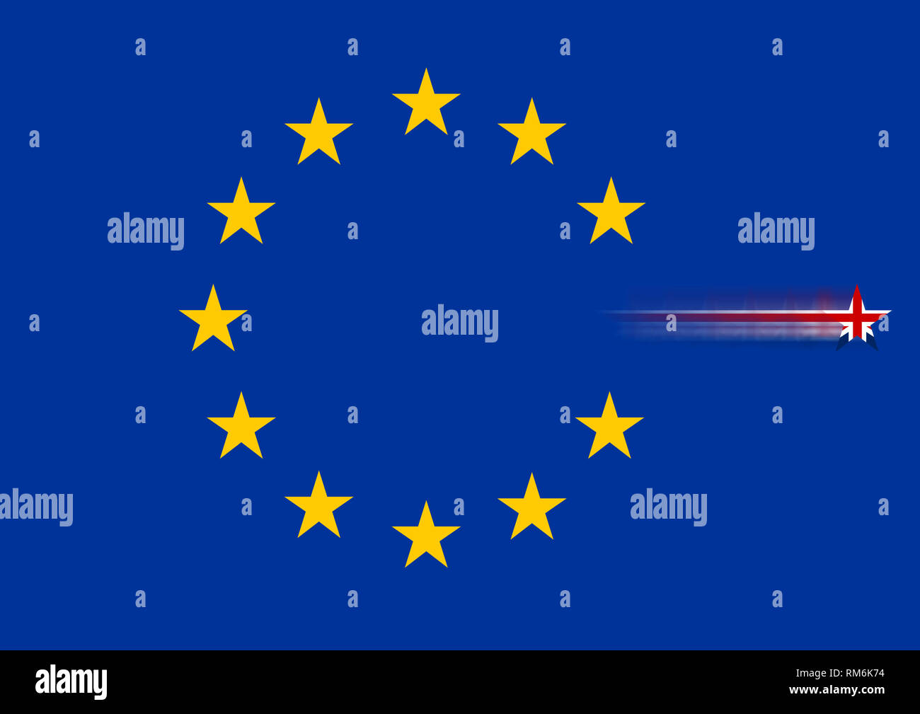 United Kingdom flag running from European Union flag. Brexit. Stock Photo