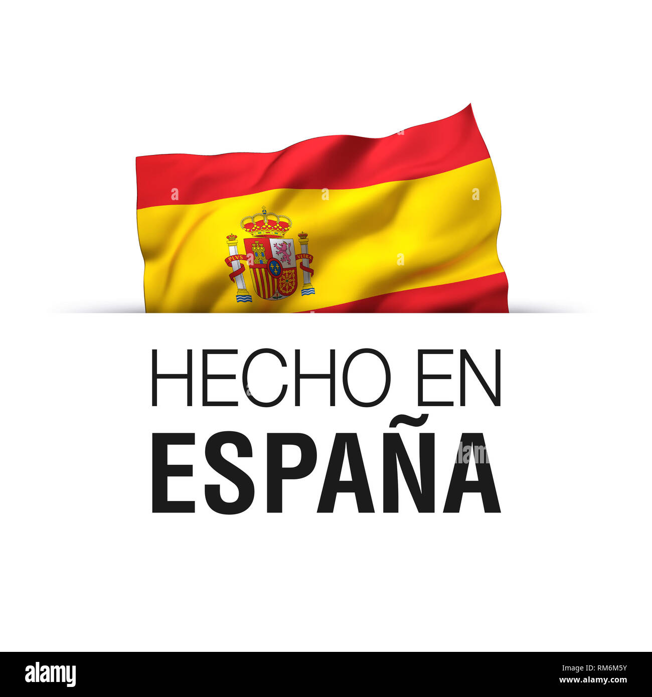 Made in Spain written in Spanish language. Guarantee label with a waving Spanish flag. Stock Photo