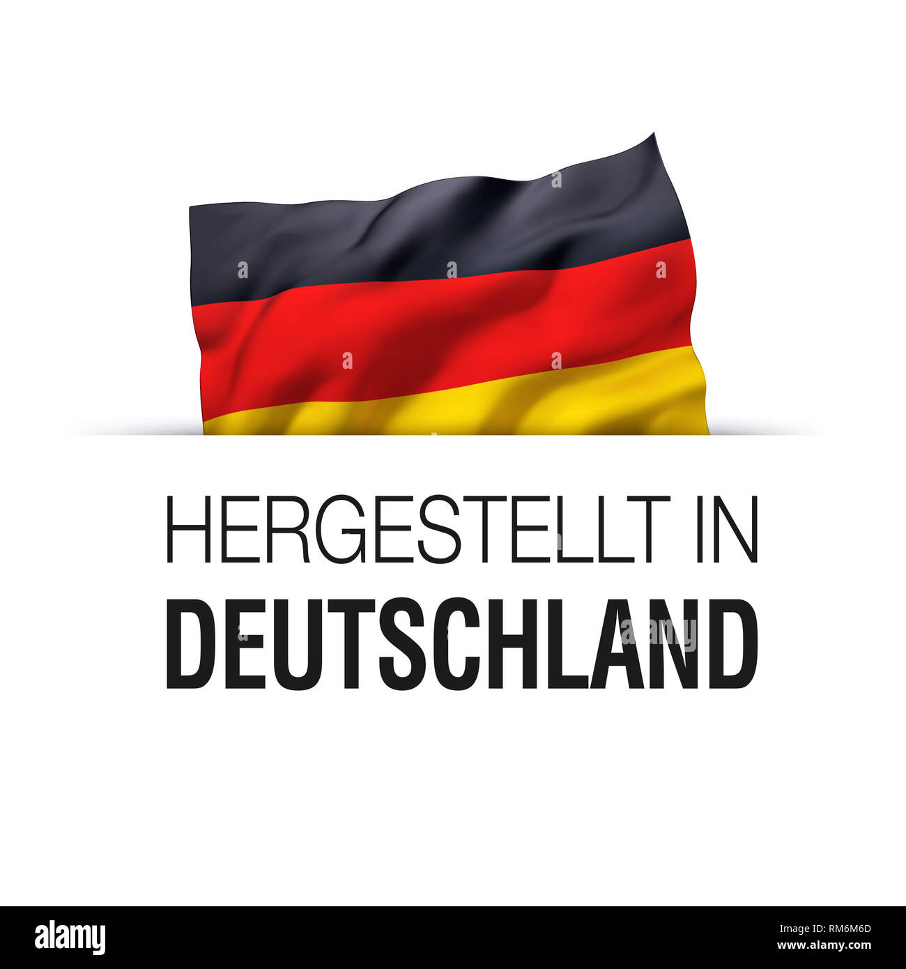 Made in Germany written in German language. Guarantee label with a waving German flag. Stock Photo