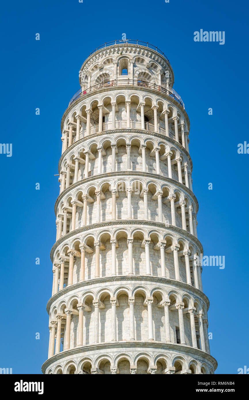 Pisa Tower close up vertical photo wit blue sky background. Toscana, Italy Stock Photo
