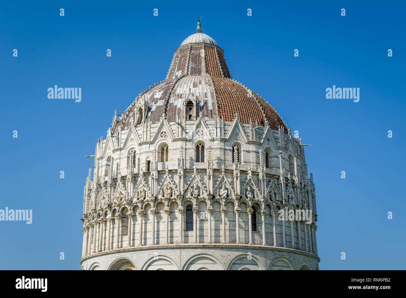 Pisa Baptistery heritage tower decoration close up photo. Tuscany region, Italy Stock Photo