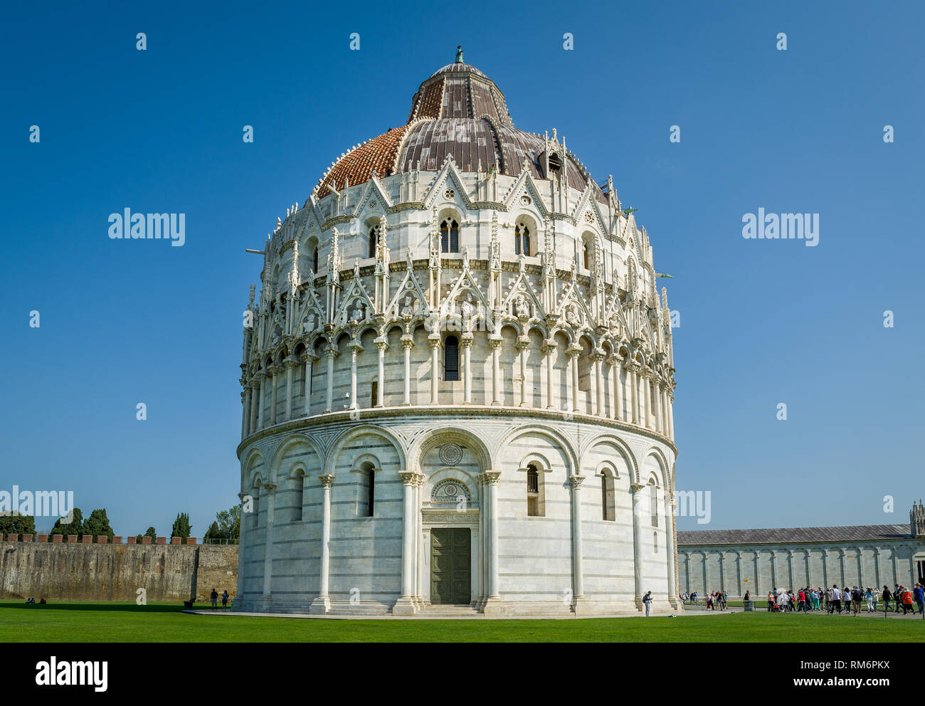 Pisa Baptistery tower and blue sky background, Toscana province, Italy. Stock Photo