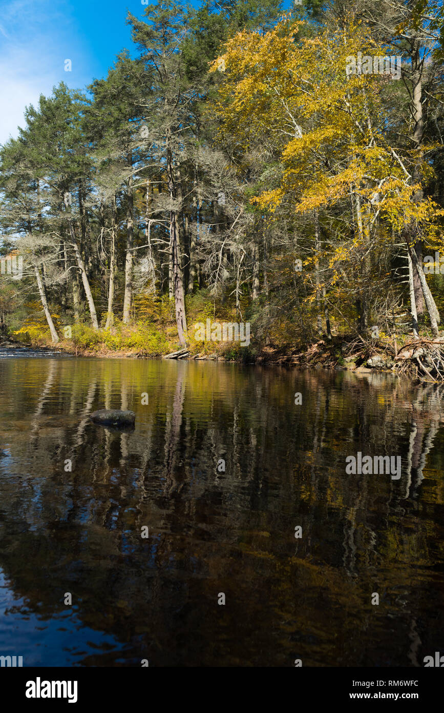 Fall color reflected in slow river pool in upstate NY Stock Photo