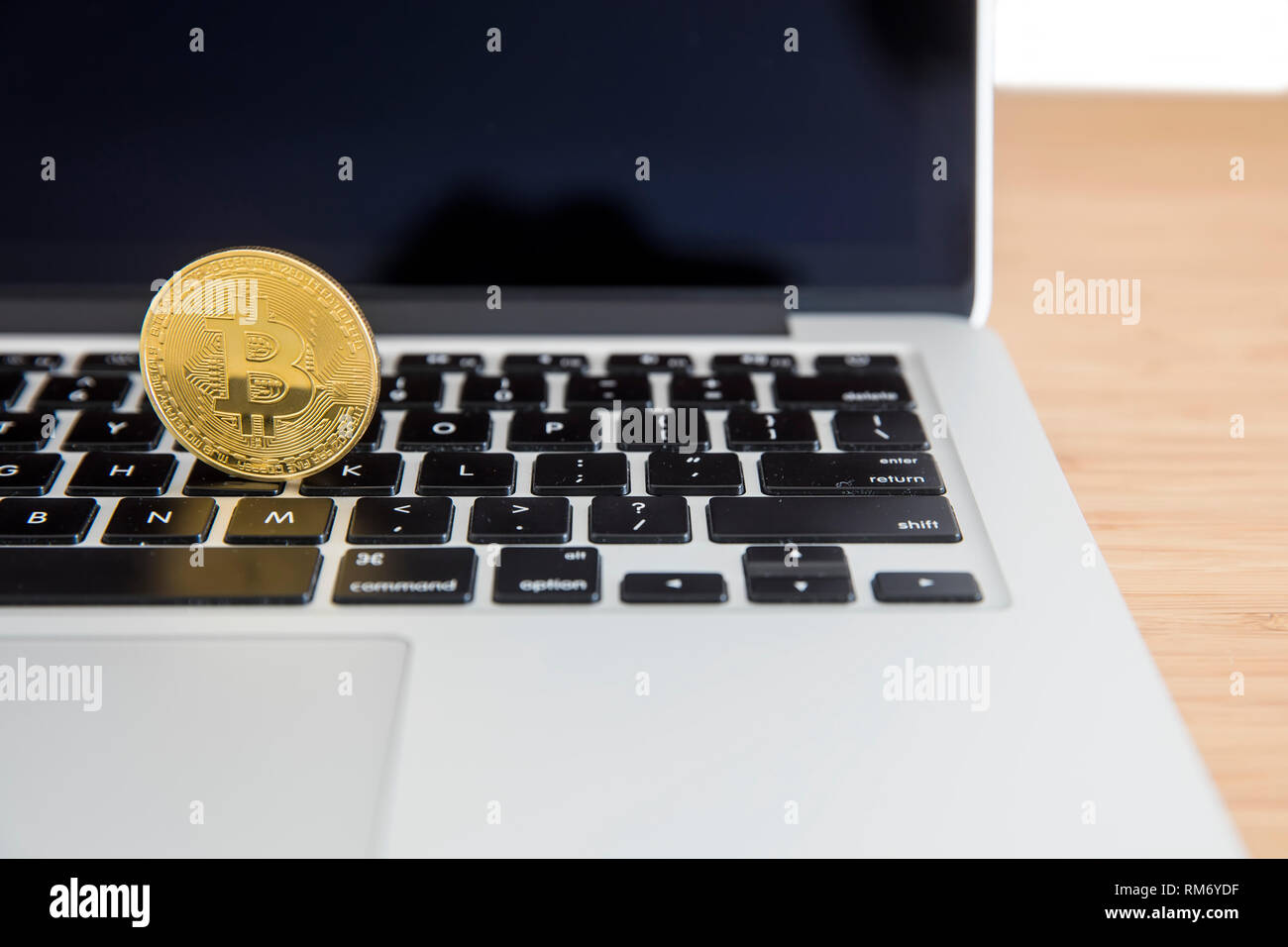 Close Up Detail View At Cryptocurrency Bitcoin On Laptop Stock Photo - 
