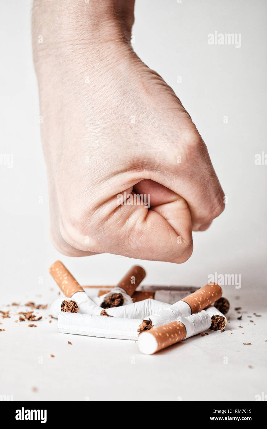 male hand destroying cigarettes - stop smoking concept - world no tobacco day Stock Photo
