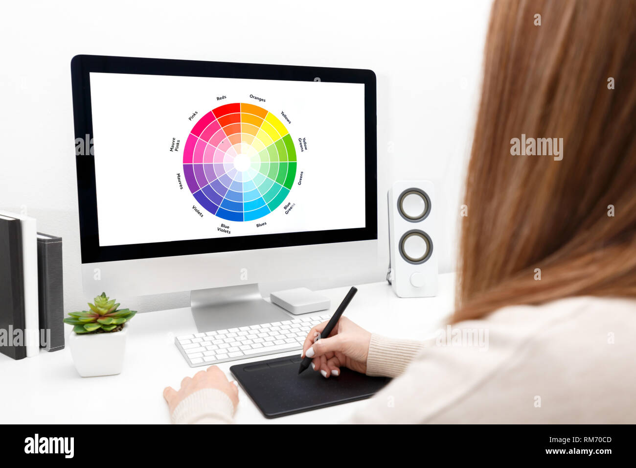 Young Designer Working At Her Desk Using A Colour Wheel Stock