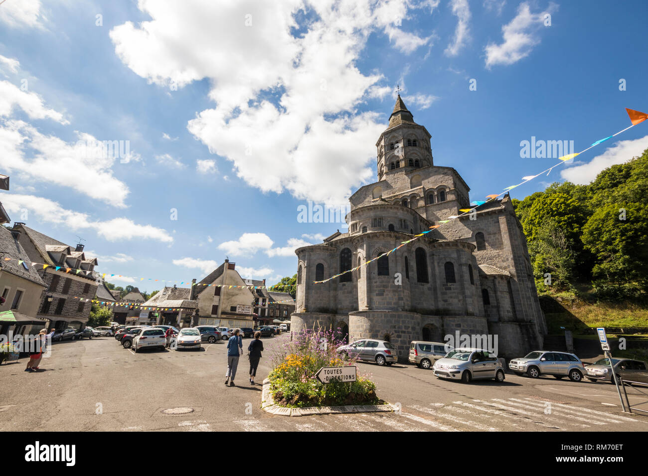 Orcival, France. The Basilique Notre-Dame (Our Lady Basilica), a Roman catholic Romanesque church in Auvergne Stock Photo