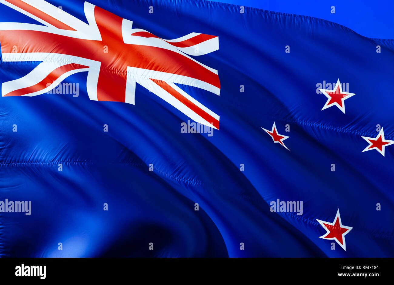 New Zealand flag. 3D Waving flag design. The national symbol of New Zealand, 3D rendering. National colors and National flag of New Zealand for a back Stock Photo