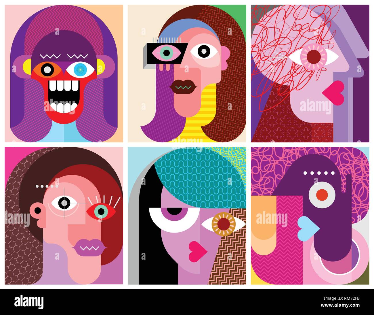Six Faces, Facial Expressions modern art vector illustration