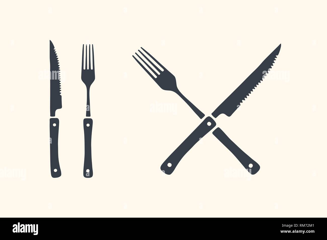 Meat cutting knives and forks set. Steak, butcher and BBQ supplies