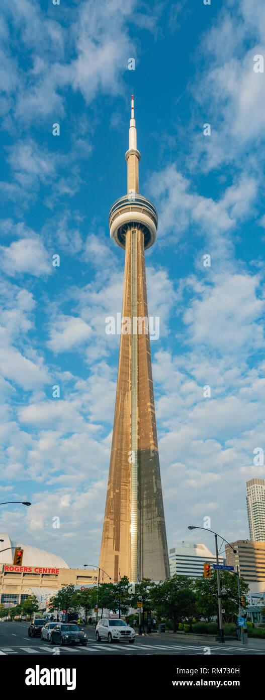 Toronto, OCT 5 Close up shot of the CN Tower with clouds on OCT 5