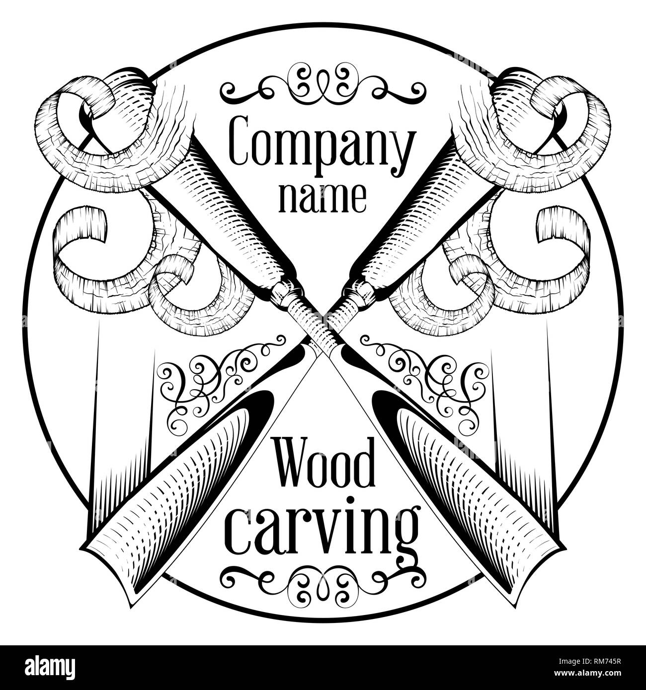 Woodcarving logotype Illustration with a chisel, cutting a wood slice,  vintage style logo, black and white isolated engraving Stock Vector Image &  Art - Alamy