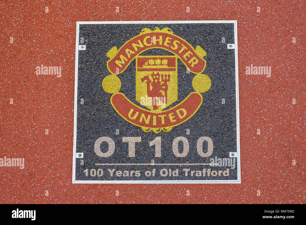 Old Trafford, Manchester, England, UK - January 20, 2019: floor signage at the Manchester United football club to mark the occassion of 100 Years at O Stock Photo