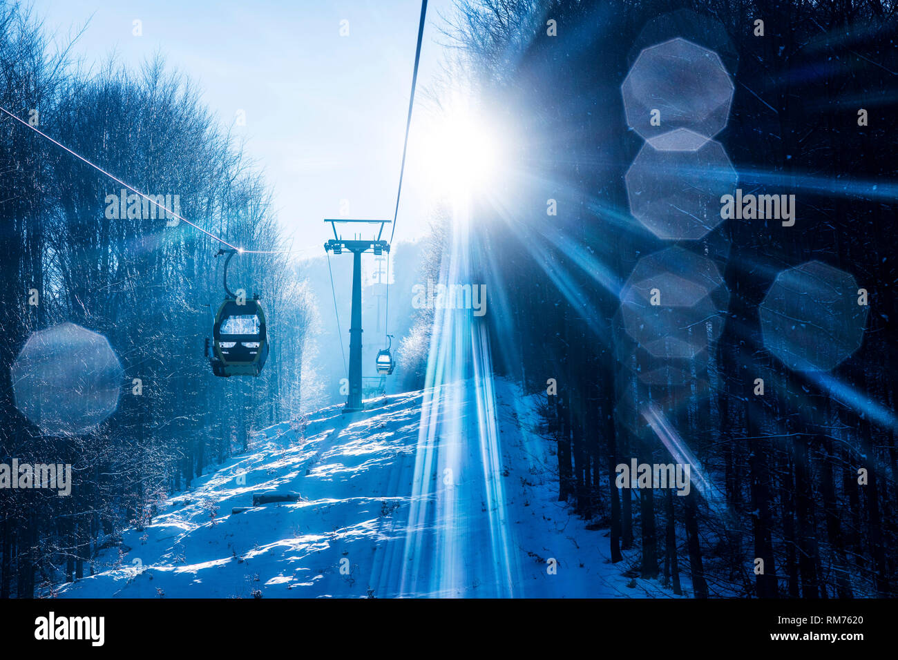 SZYNDZIELNIA, POLAND - FEBRUARY 5, 2019: Cableway to Szyndzielnia in Beskidy Polish Mountains in winter. Stock Photo