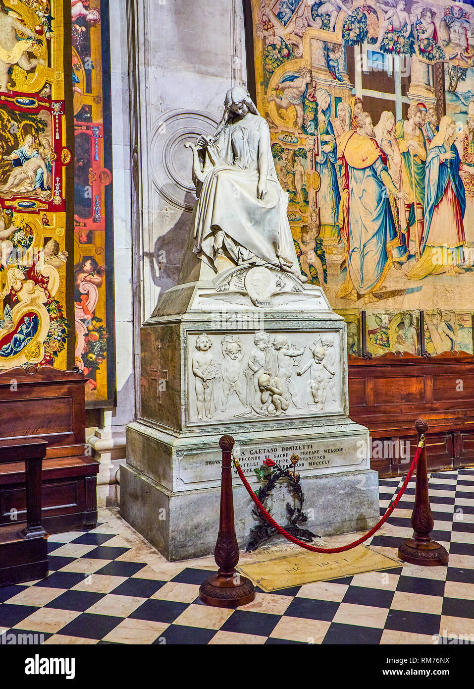 Funeral monument of Gaetano Donizetti in The Basilica di Santa Maria Maggiore, sculpture by Vincenzo Vela. Citta Alta, Bergamo, Lombardy, Italy. Stock Photo