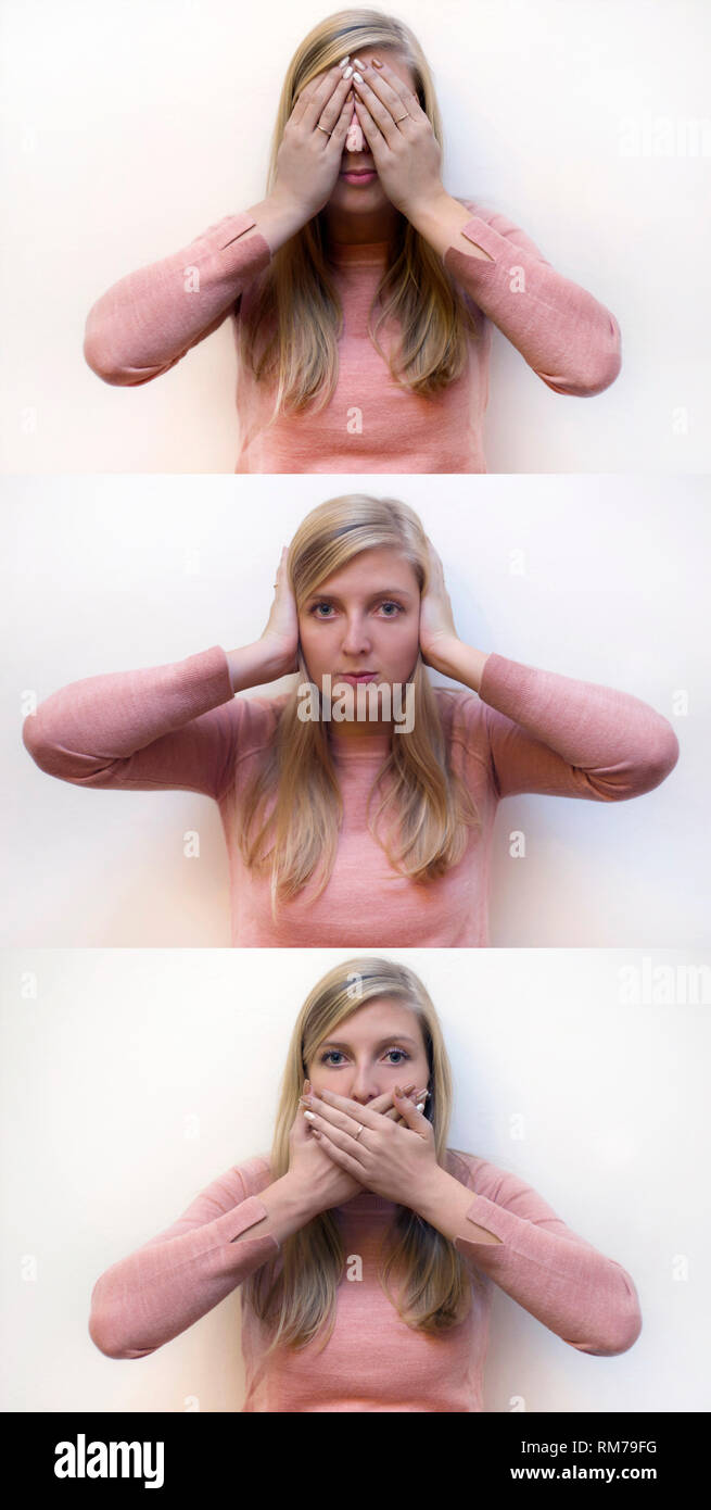 blonde young woman showing the proverbial principle of three wise monkeys: see no evil, hear no evil, speak no evil Stock Photo