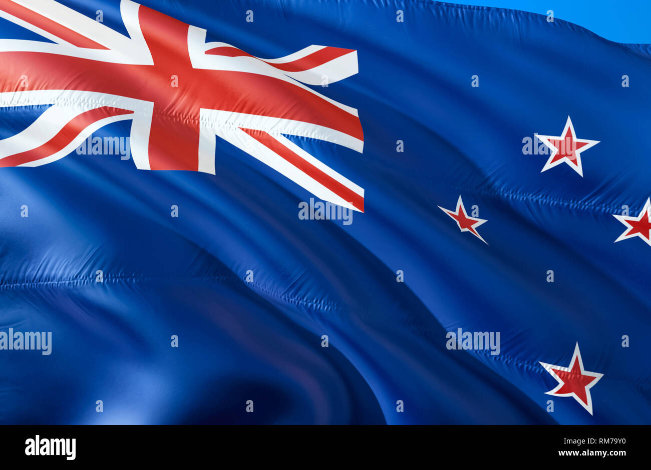 New Zealand flag. 3D Waving flag design. The national symbol of New Zealand, 3D rendering. The national symbol of New Zealand background wallpaper. 3D Stock Photo