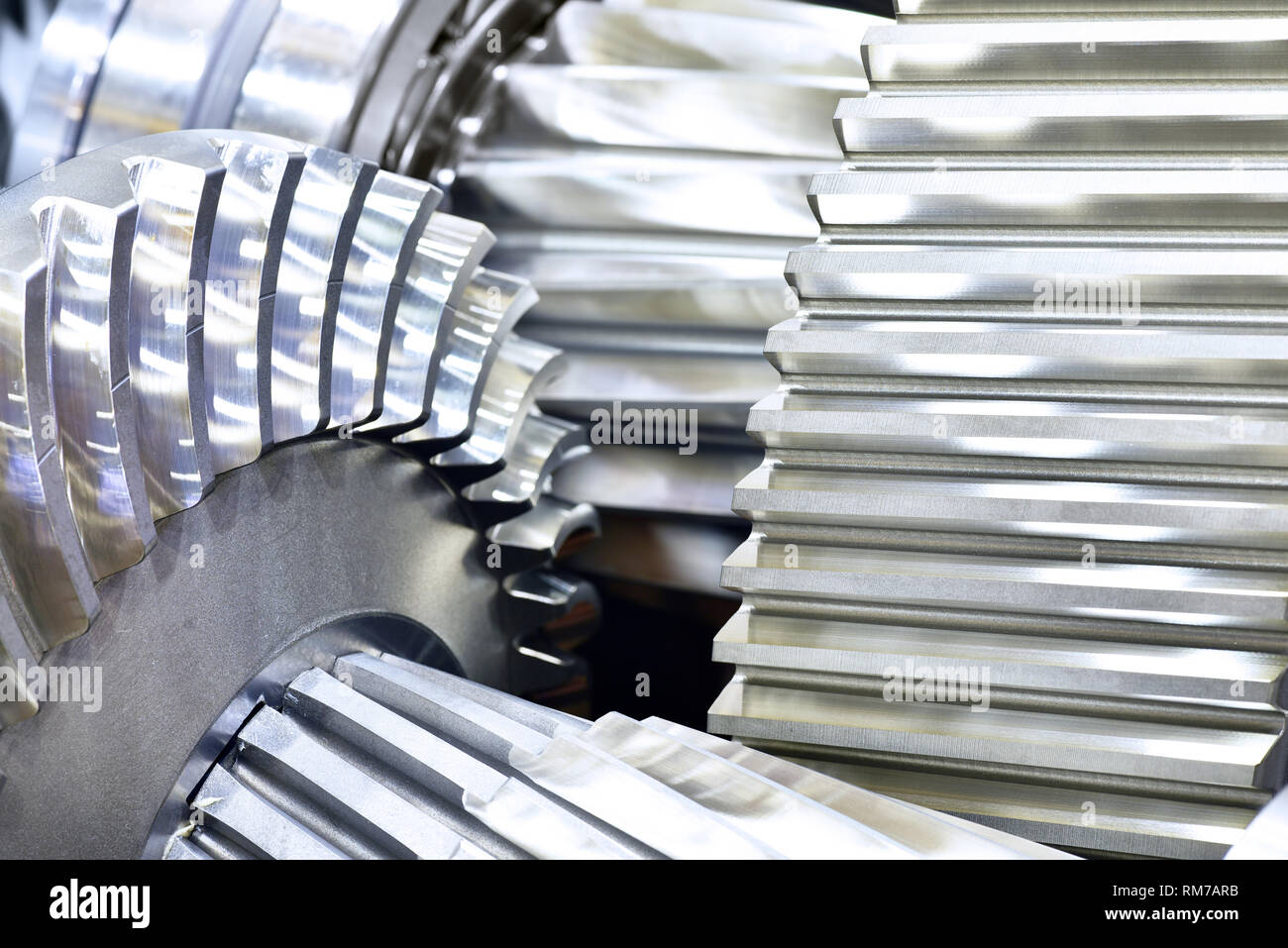 closeup gearwheels of a gearbox in mechanical engineering Stock Photo