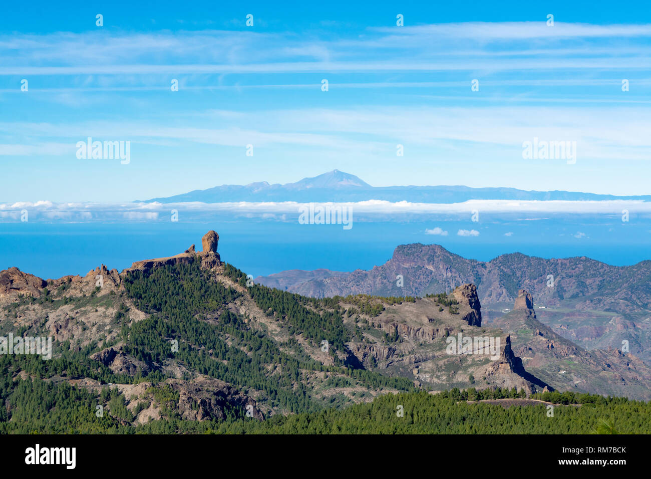 Gran Canaria island mountains and valleys landscape, view from highest peak Pico  de las Nieves to Roque Nublo and Mount Teide on Tenerife Stock Photo - Alamy