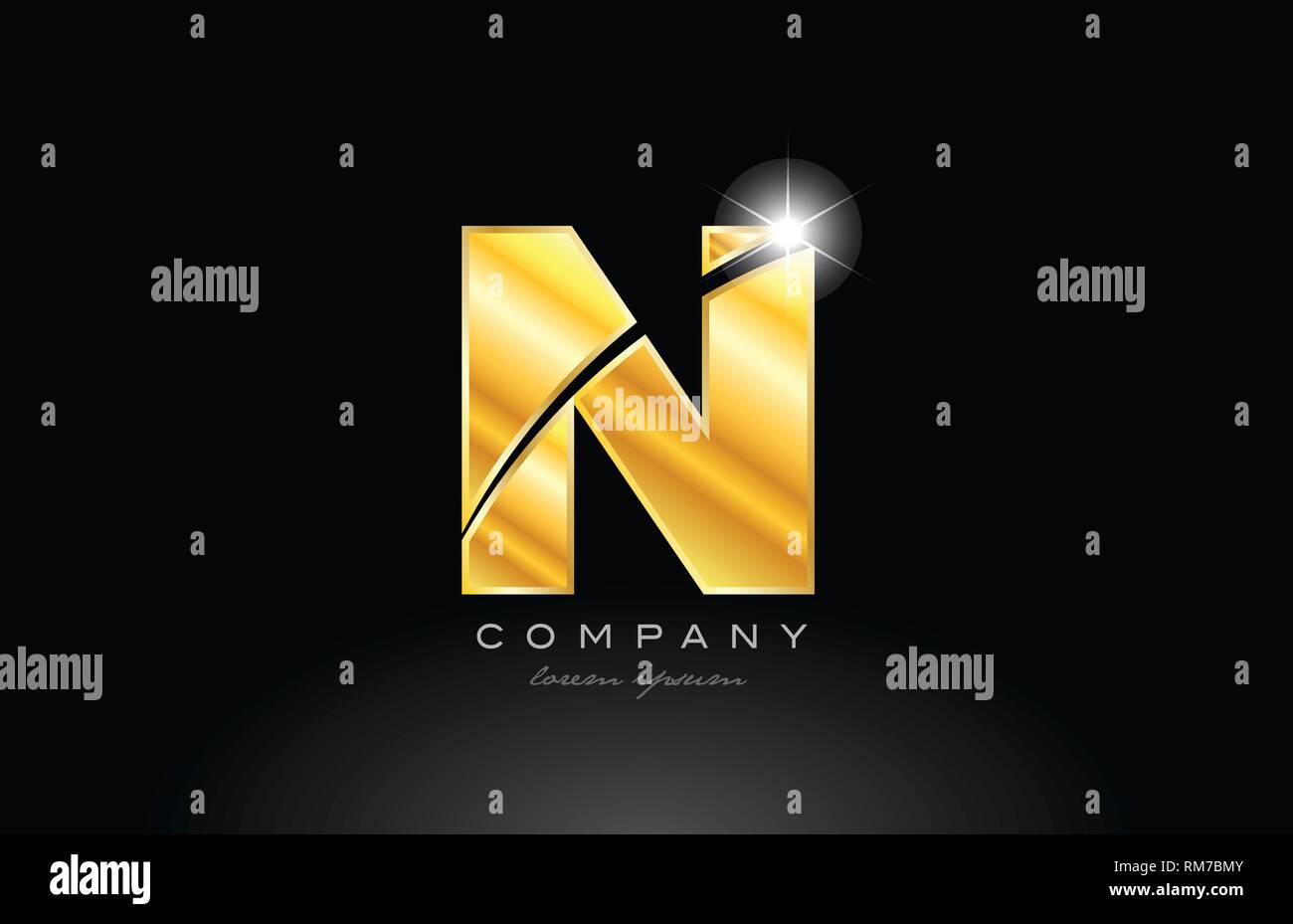 letter n gold golden alphabet logo icon design with metal look on black background suitable for a company or business Stock Vector