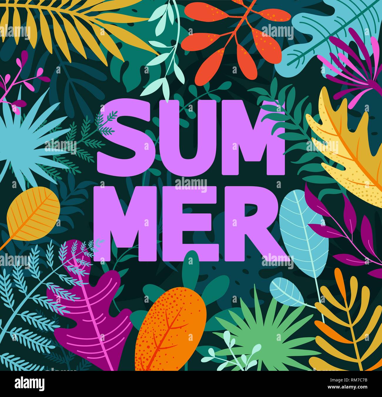 Greeting summer 2019 card on tropical leaves. Stock Vector
