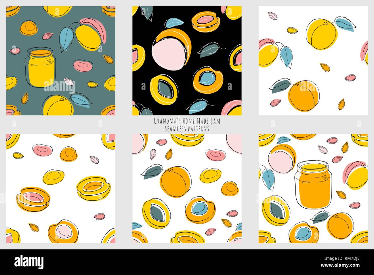 Grandmas apricot home made jam, seamless patterns Stock Vector