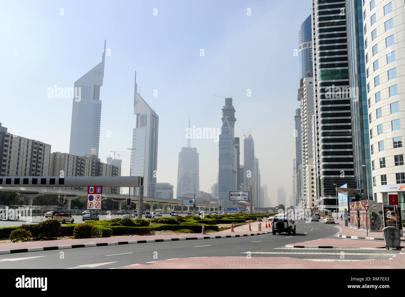 Skyline of downtown Dubai on the Shiekh Zayed road in the United Arab Emirates, (UAE) Stock Photo