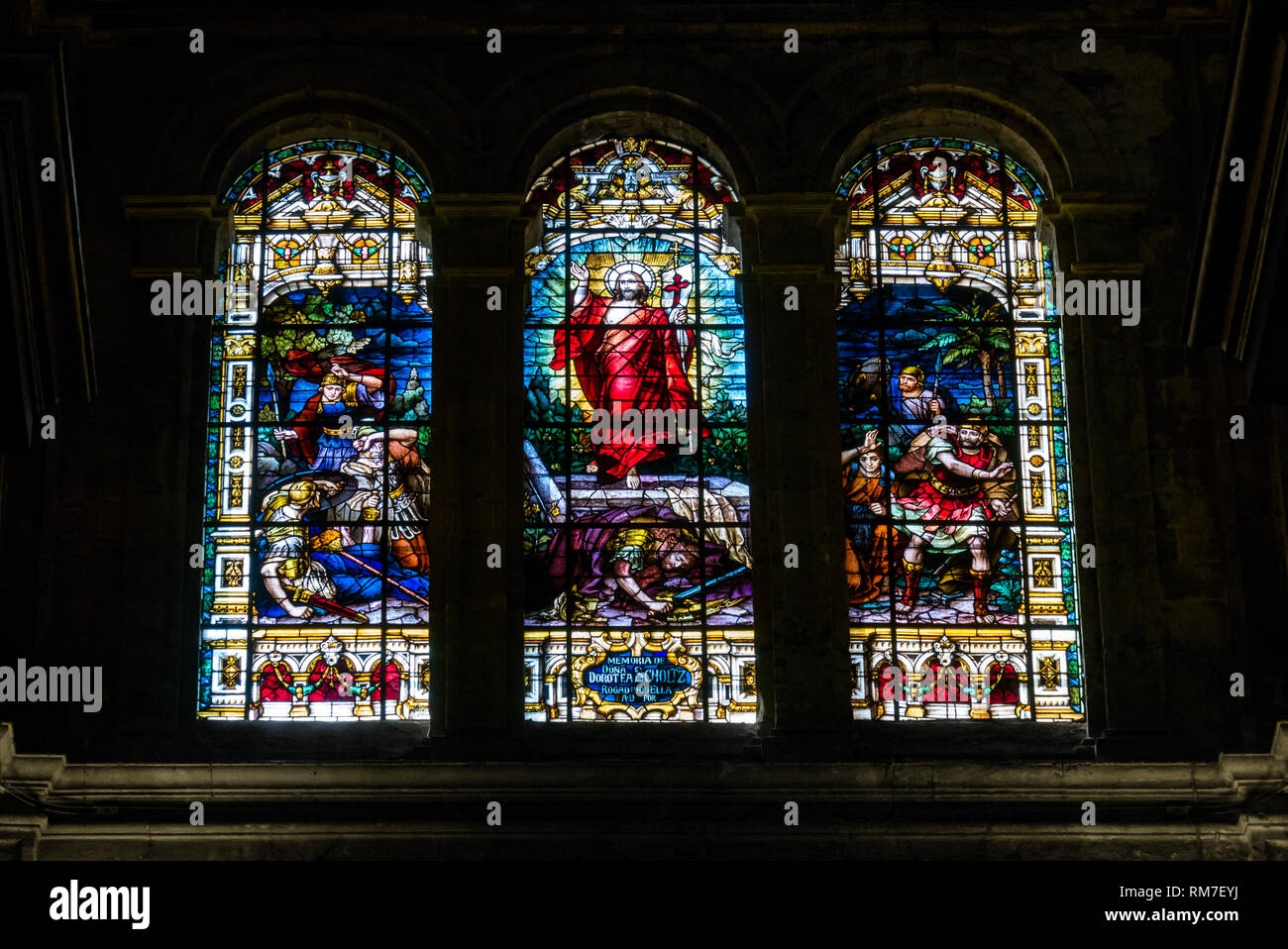 Stained glass window depicting Jesus rising from the grave, Malaga Cathedral, Andalusia, Spain Stock Photo