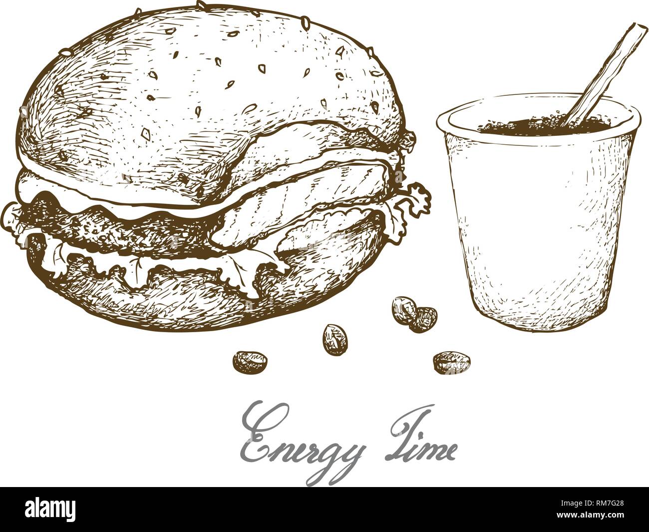 Energy Time, Illustration Hand Drawn Sketch of A Cup of Coffee with Hamburger Isolated on White Background. Stock Vector