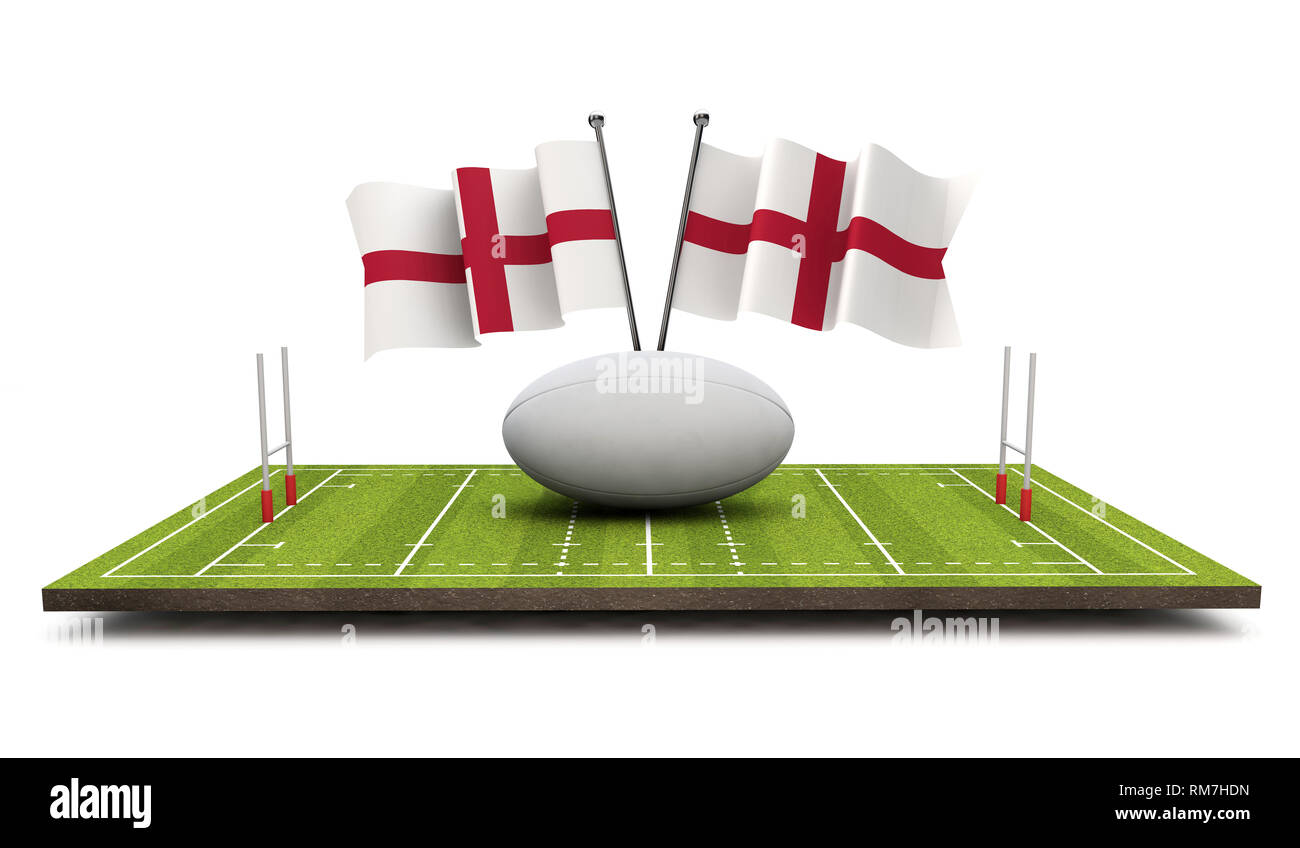 England flags with a rugby ball and pitch. 3D Rendering Stock Photo