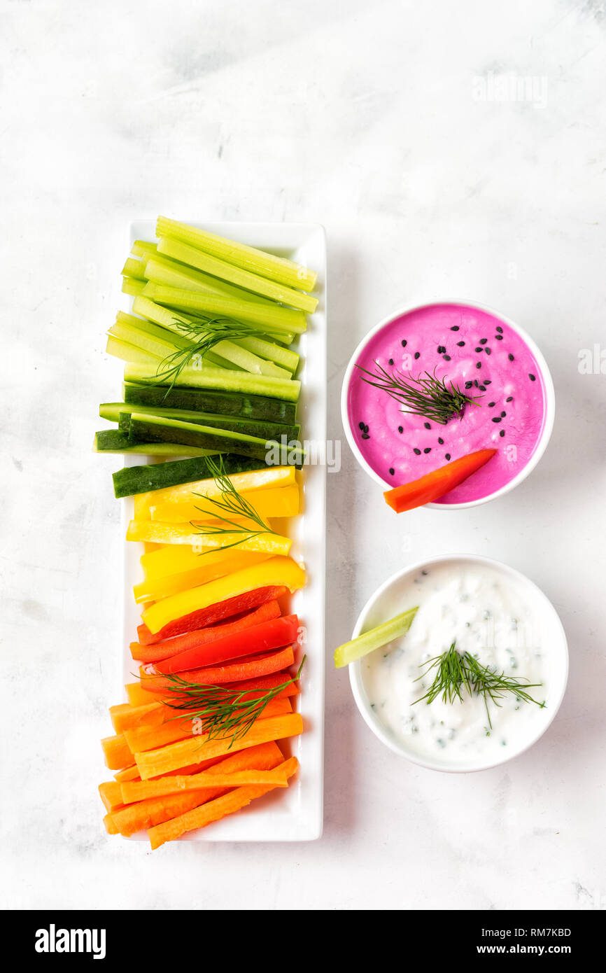 Colorful vegetable sticks with yogurt dips. Top view Stock Photo Alamy