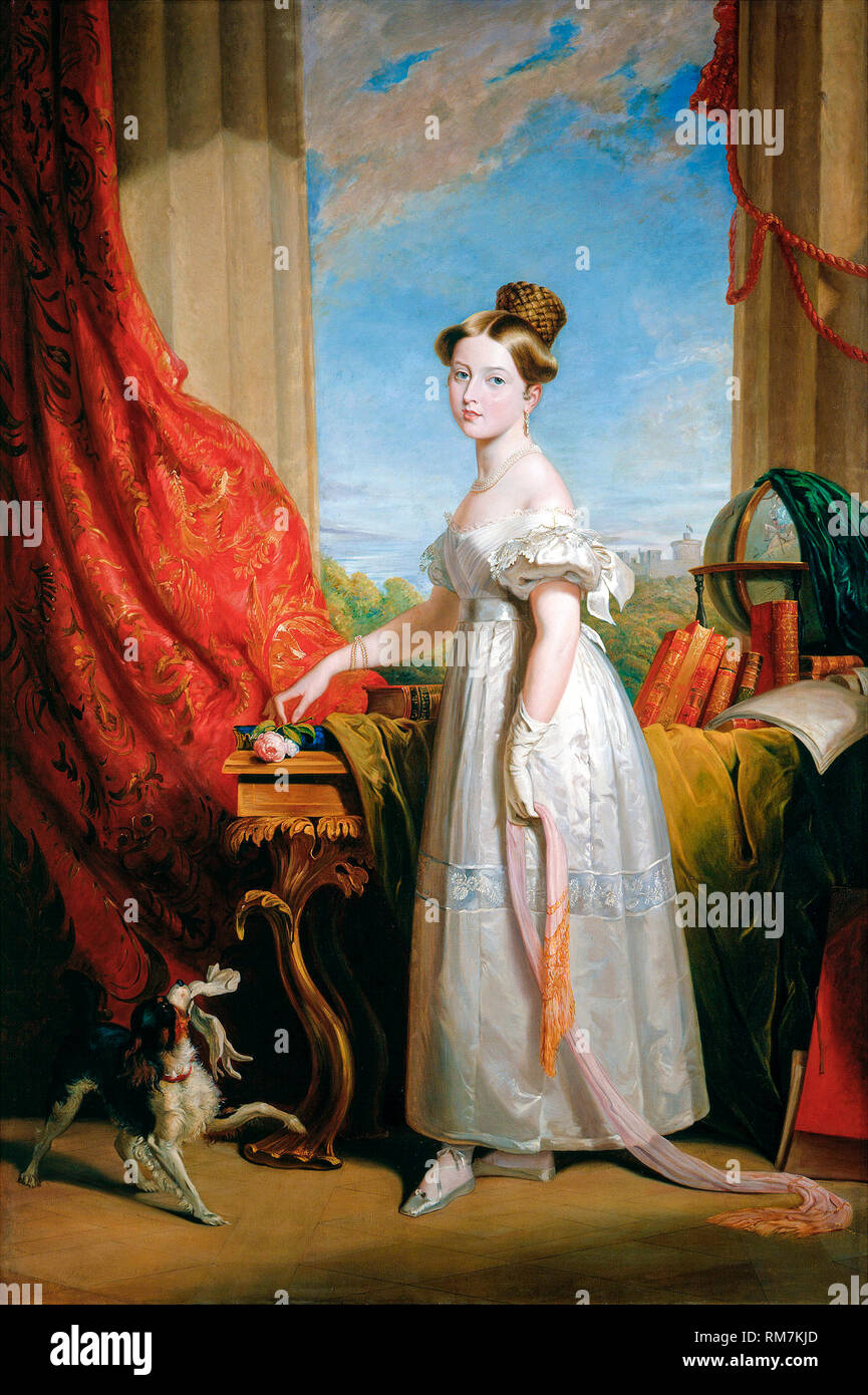 Portrait of Princess Victoria of Kent with her spaniel Dash, painting by George Hayter circa 1866 (painted copy), 1833 (original painting) Stock Photo