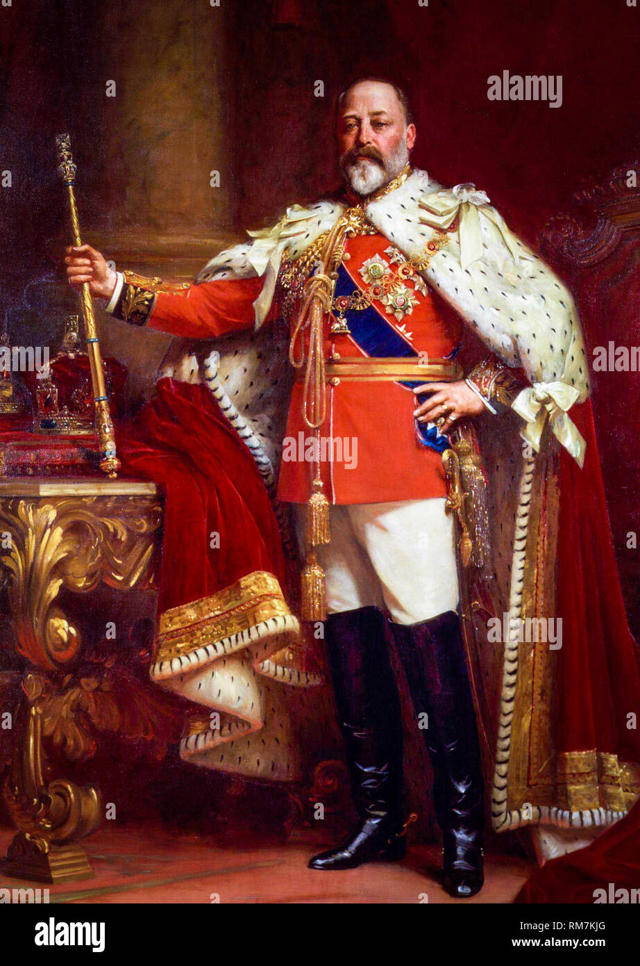 King Edward VII of the United Kingdom in Coronation Robes, portrait painting by Sir Luke Fildes, circa 1901 Stock Photo