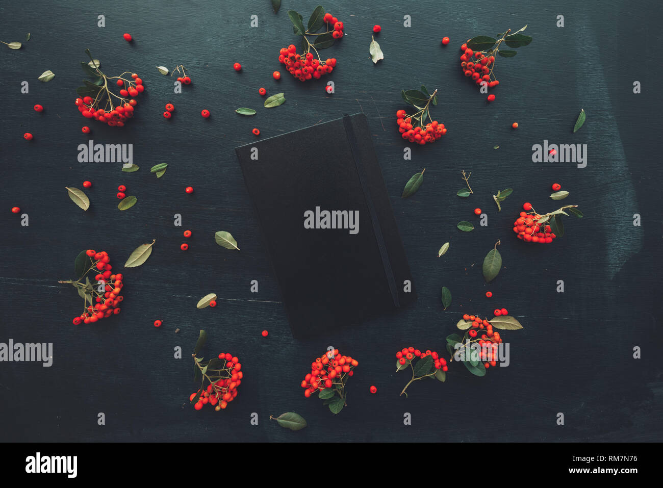 Closed black moleskin notebook flat lay on dark office desk decorated