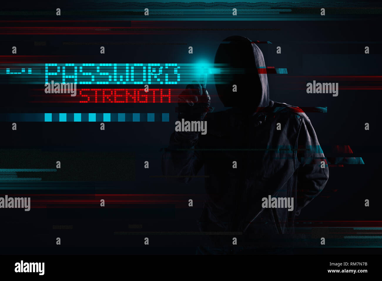 Hooded hacker in password strength concept, digitally enhanced image Stock Photo