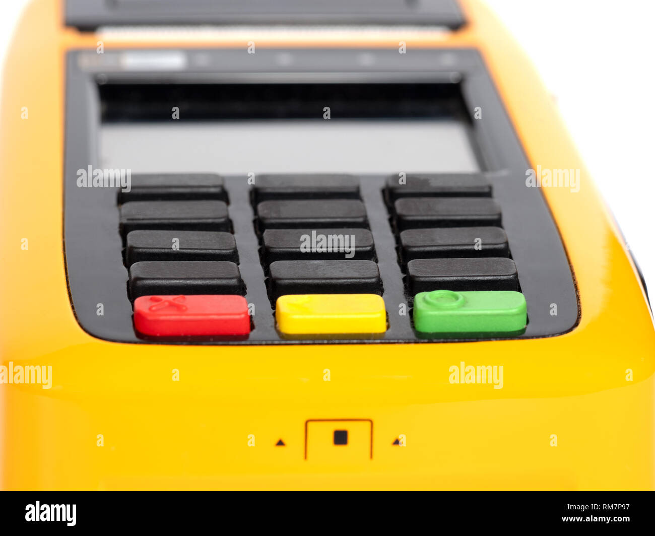 Yellow credit card reader terminal on isolated background. Easy payment