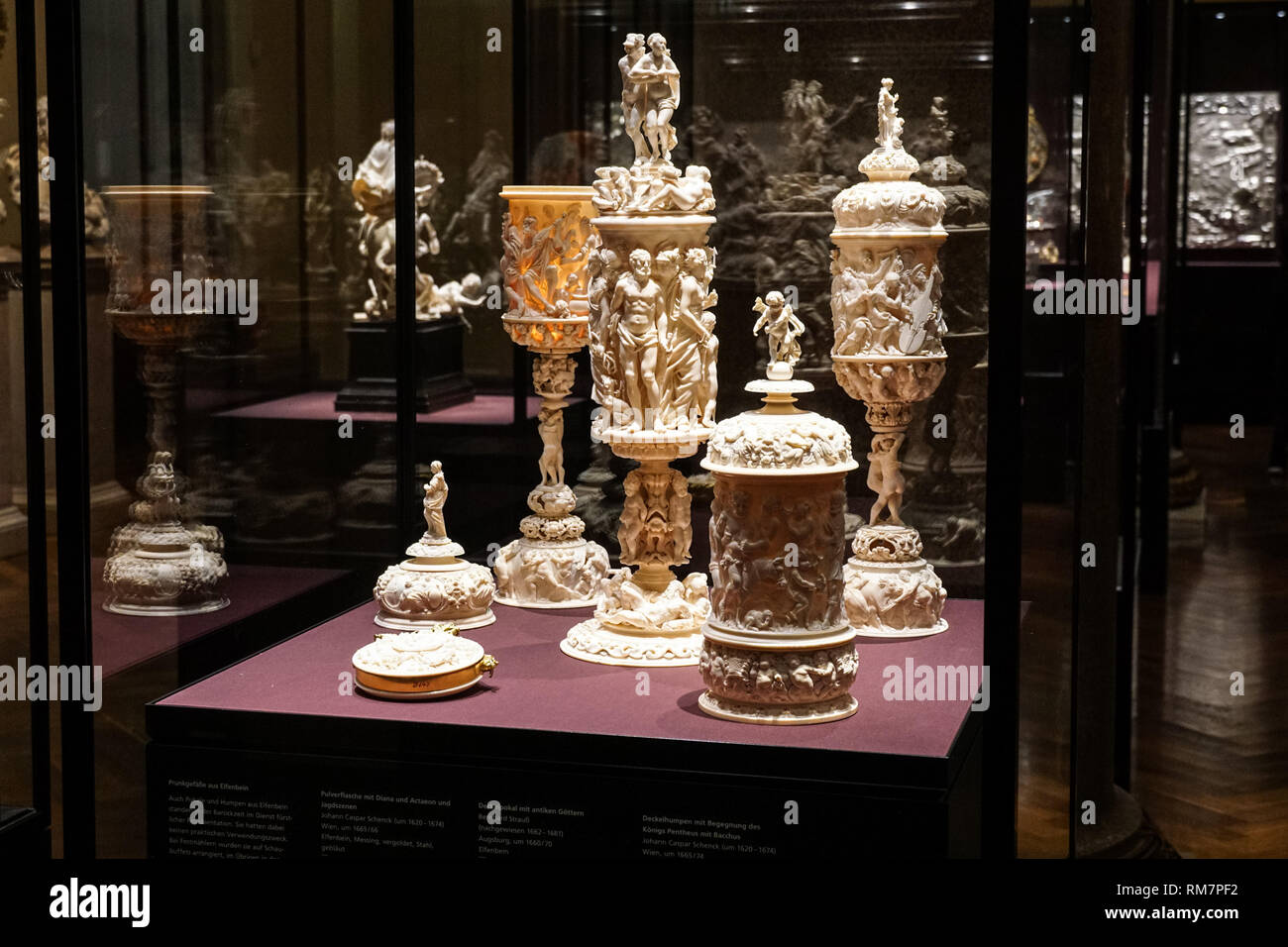Items crafted in elephant ivory on display at the Kunsthistorisches Museum, Museum of Art History in Vienna, Austria Stock Photo
