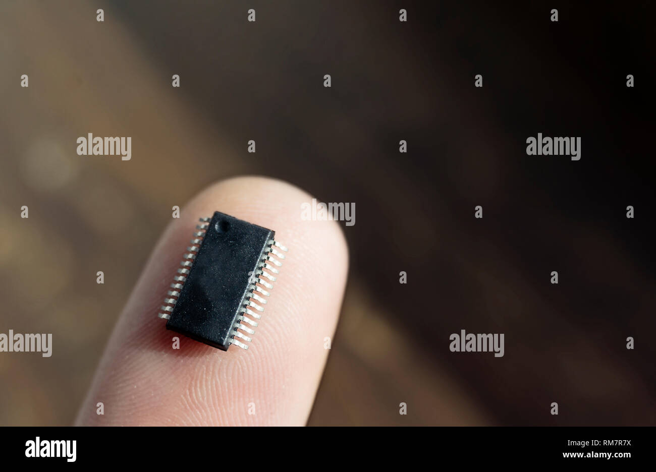 Microchip on a finger, microchip pins match the lines of the fingerprint, concept, bio-integrated electronics, sensor systems, future living Stock Photo