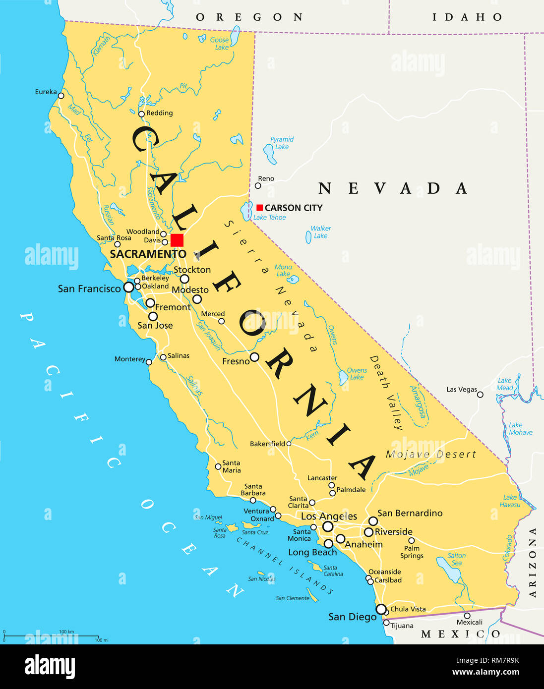 California political map with capital Sacramento, important cities, rivers, lakes. State in the Pacific Region of the United States. Illustration. Stock Photo