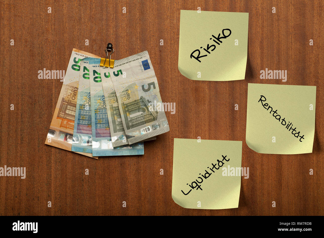 Several pieces of paper, post its hang on the wooden pin board and euro money,  notes , with the german words Risiko, Rentabilitaet, Liquiditaet writt Stock Photo