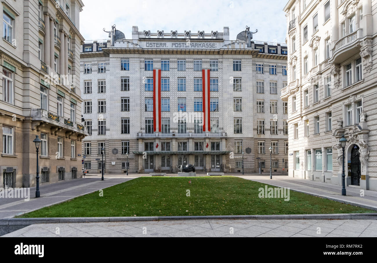Art Nouveau style Austrian Postal Savings Bank building in Vienna, Austria. Designed and built by the architect Otto Wagner. Stock Photo