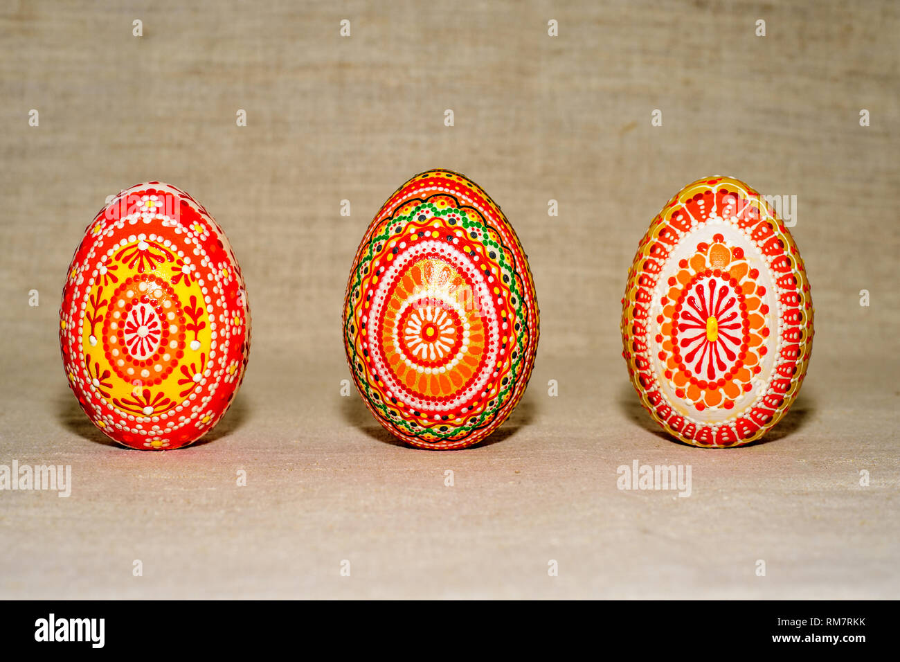 Easter eggs, hand-painted with acrylic paints. Stock Photo